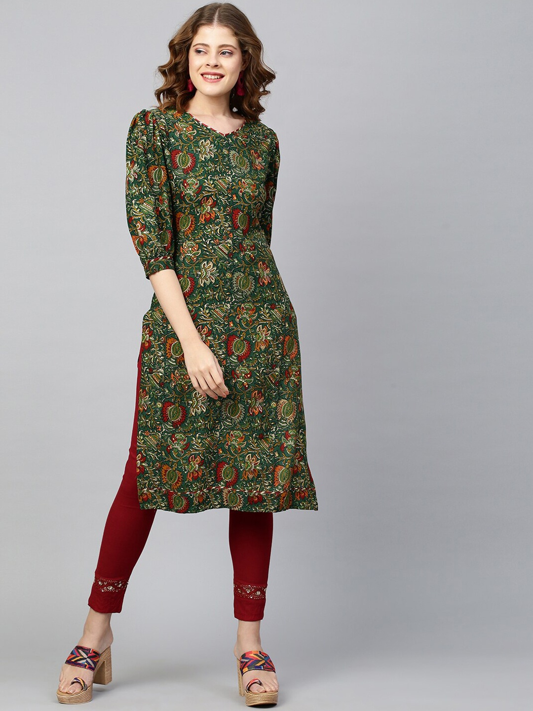 

FASHOR Women Green Floral Printed Kurta