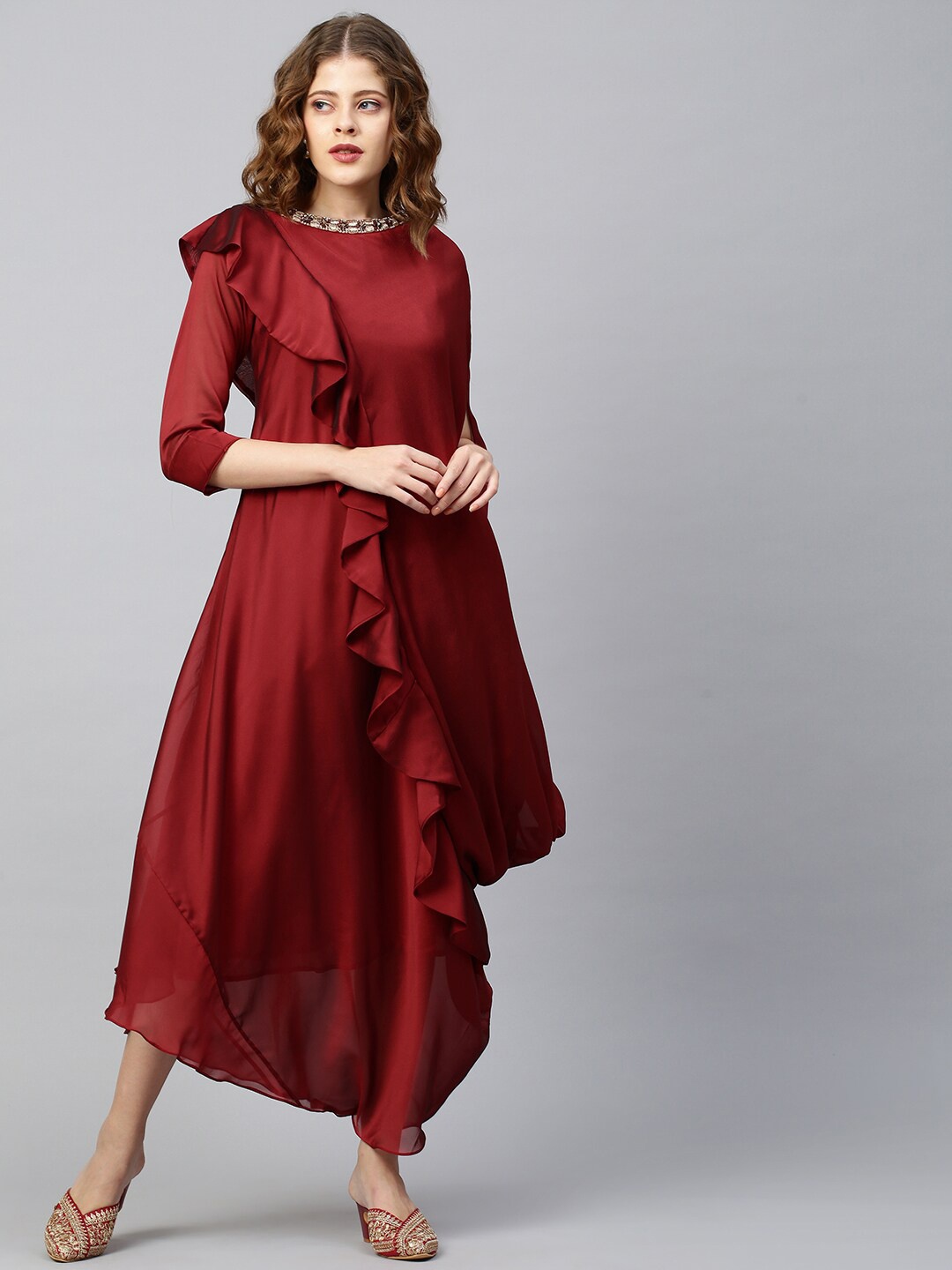 

FASHOR Maroon Layered Crepe A-Line Midi Dress