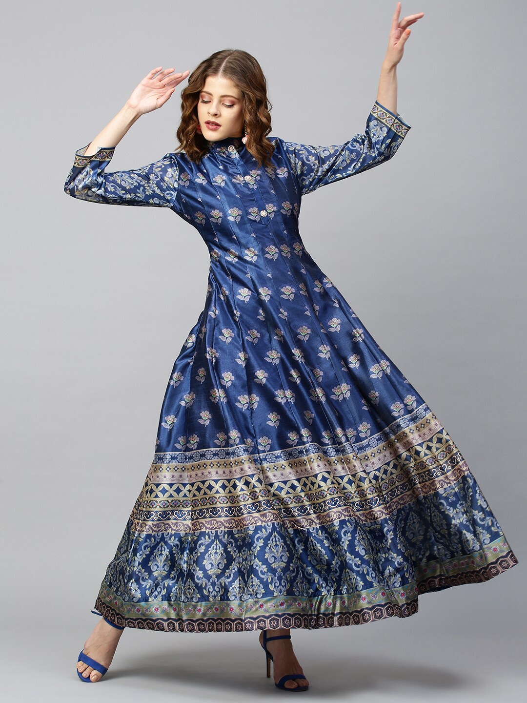 

FASHOR Women Blue Ethnic Motif Printed Fit & Flare Silk Dress