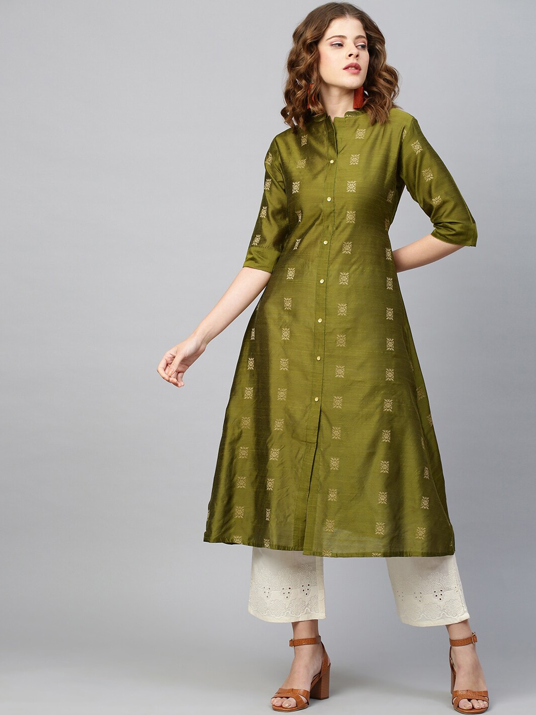 

FASHOR Women Olive Green Ethnic Motifs A-Line Kurta