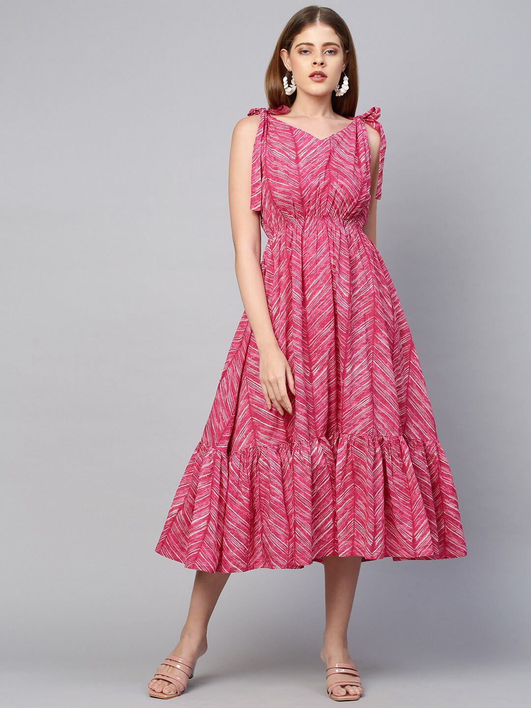 

FASHOR Pink & White Cotton Chevron Printed Empire Midi Dress
