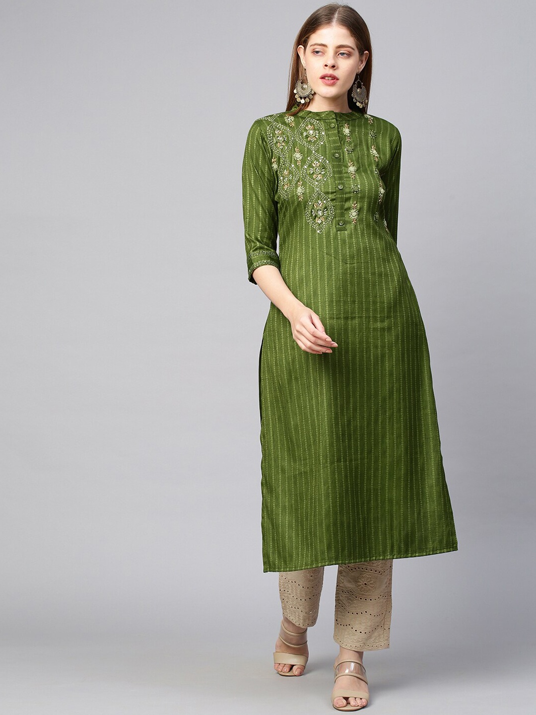 

FASHOR Women Green Striped Thread Work Kurta