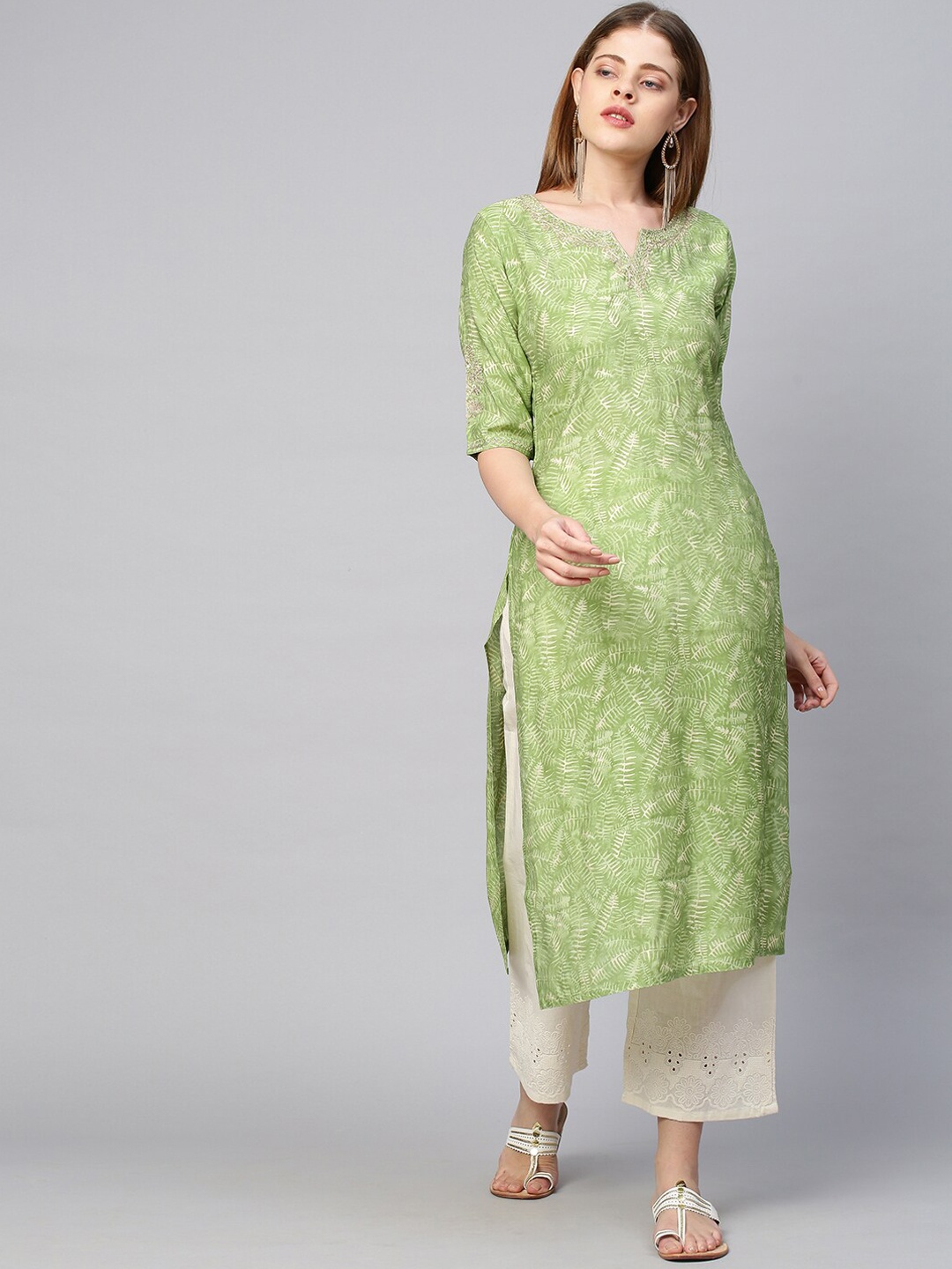 

FASHOR Women Lime Green Ethnic Motifs Printed Thread Work Kurta