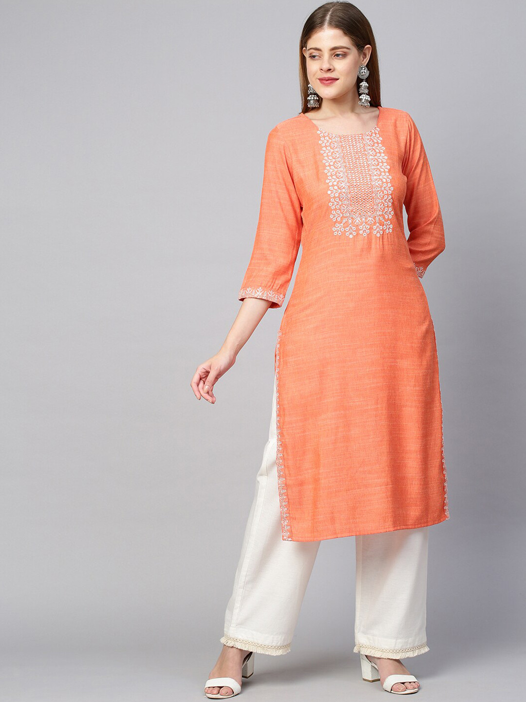 

FASHOR Women Orange Floral Yoke Design Kurta