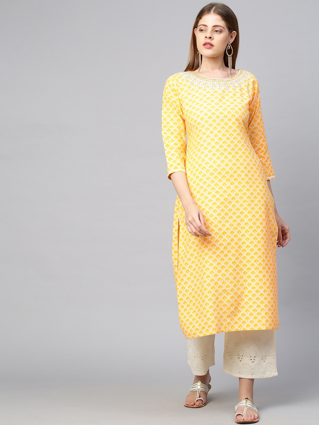 

FASHOR Women Yellow & White Ethnic Motifs Printed Thread Work Straight Kurta