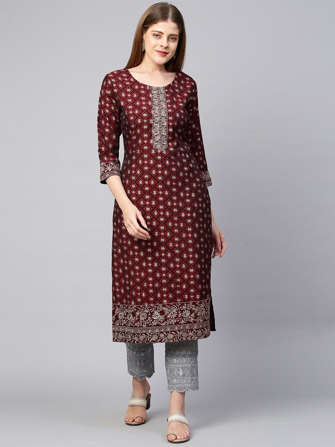

FASHOR Women Maroon & Beige Ethnic Motifs Foil Printed Cotton Silk Straight Kurta