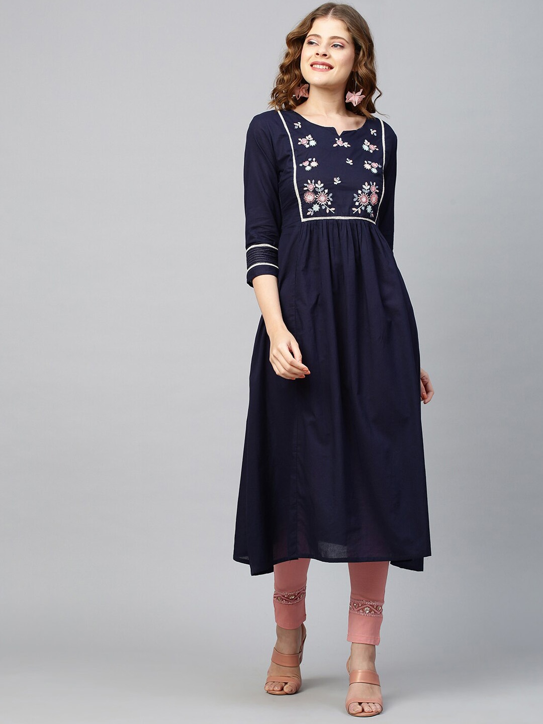 

FASHOR Women Navy Blue Floral Yoke Design Thread Work Pure Cotton Anarkali Kurta