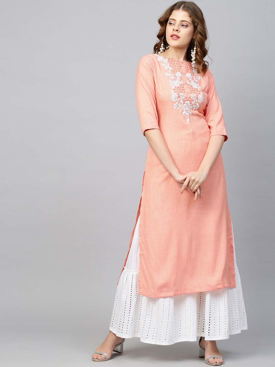 

FASHOR Women Peach-Coloured Floral Yoke Design Kurta