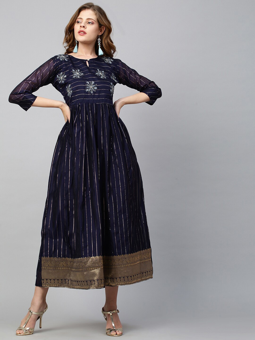 

FASHOR Blue Striped Floral Thread Work Fit & Flare Silk Maxi Dress