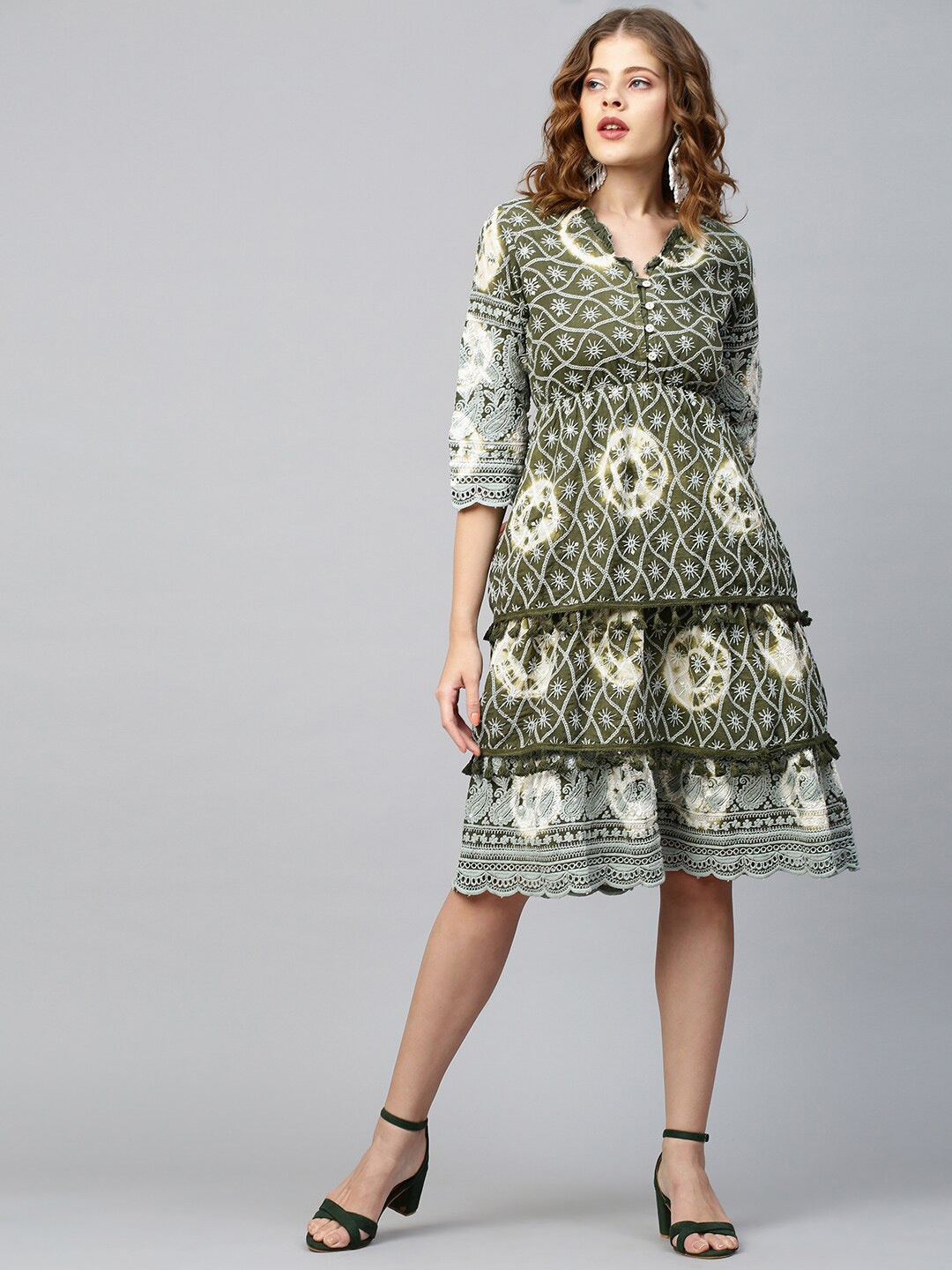 

FASHOR Green & White Tropical Chikankari Embroidered Layered Dress