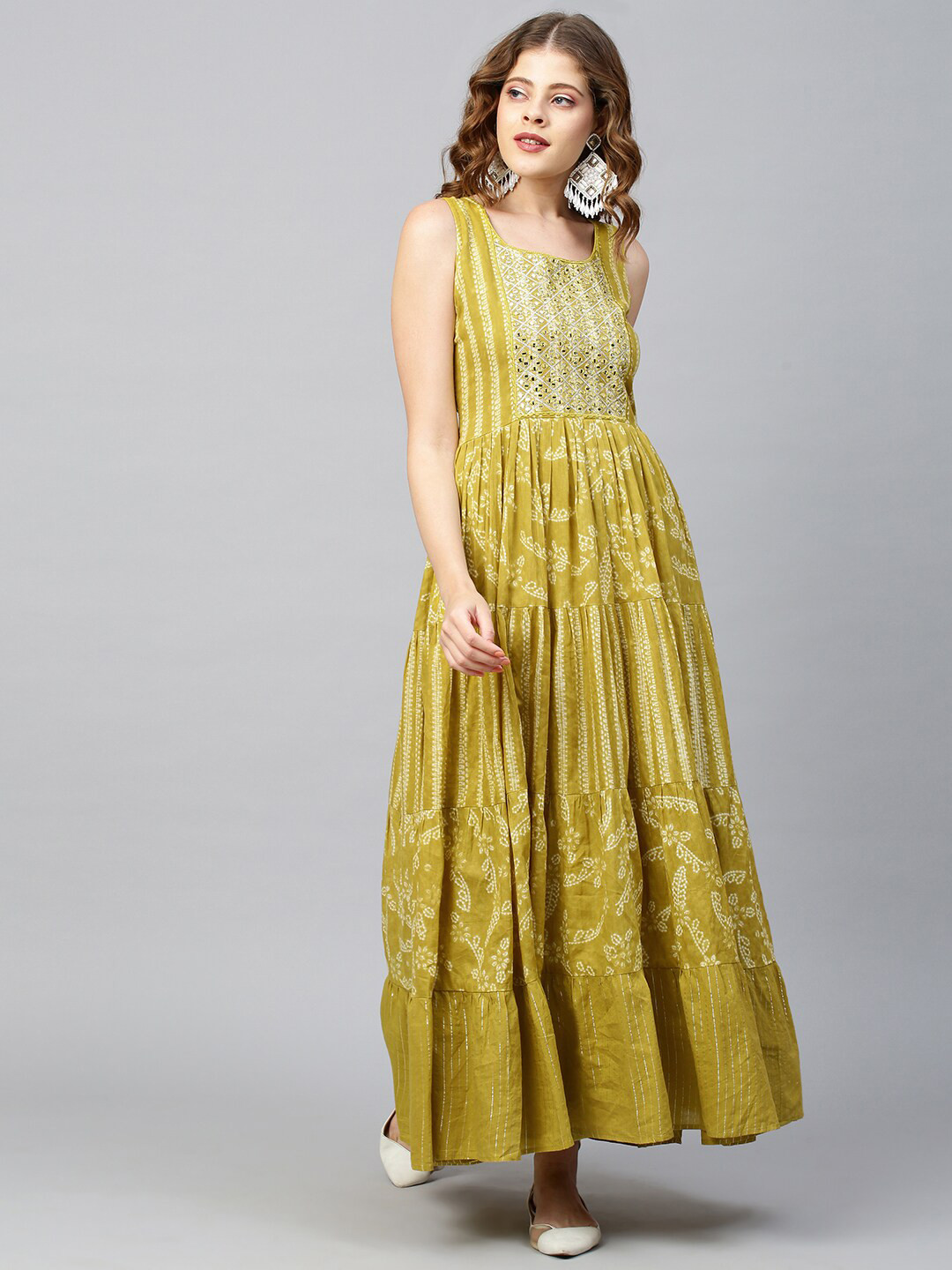 

FASHOR Yellow Floral Printed Mirror Work Ethnic Cotton Silk Maxi Dress