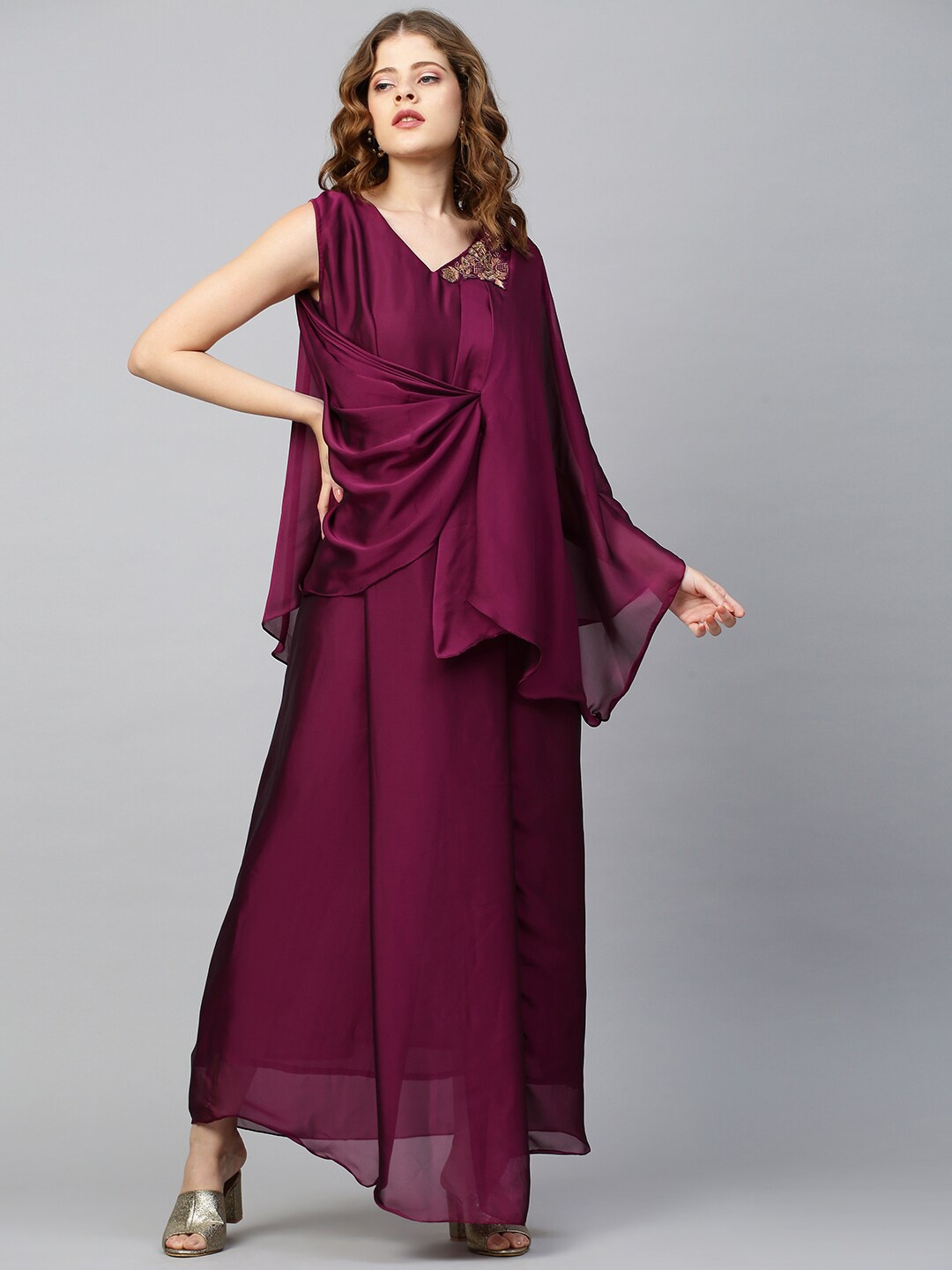 

FASHOR Burgundy Layered Crepe Maxi Dress