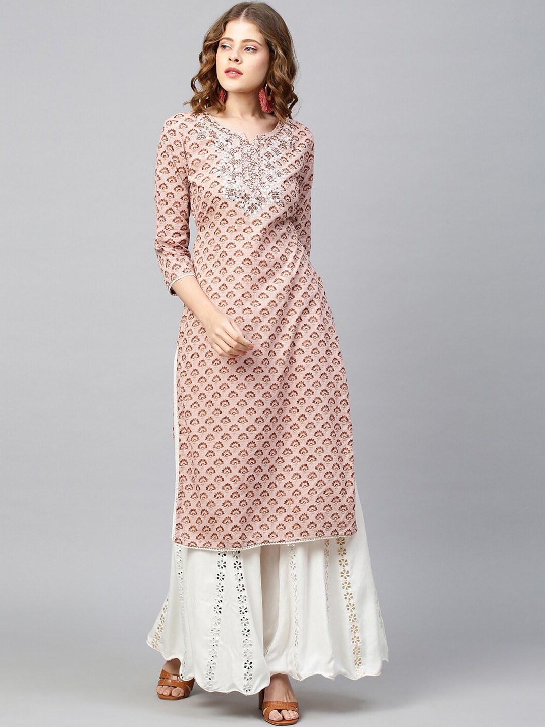 

FASHOR Women Peach-Coloured & Brown Floral Printed Kurta