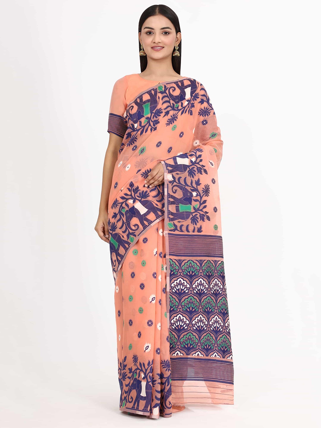 

Silk Land Peach-Coloured & Blue Ethnic Motifs Pure Cotton Jamdani Saree