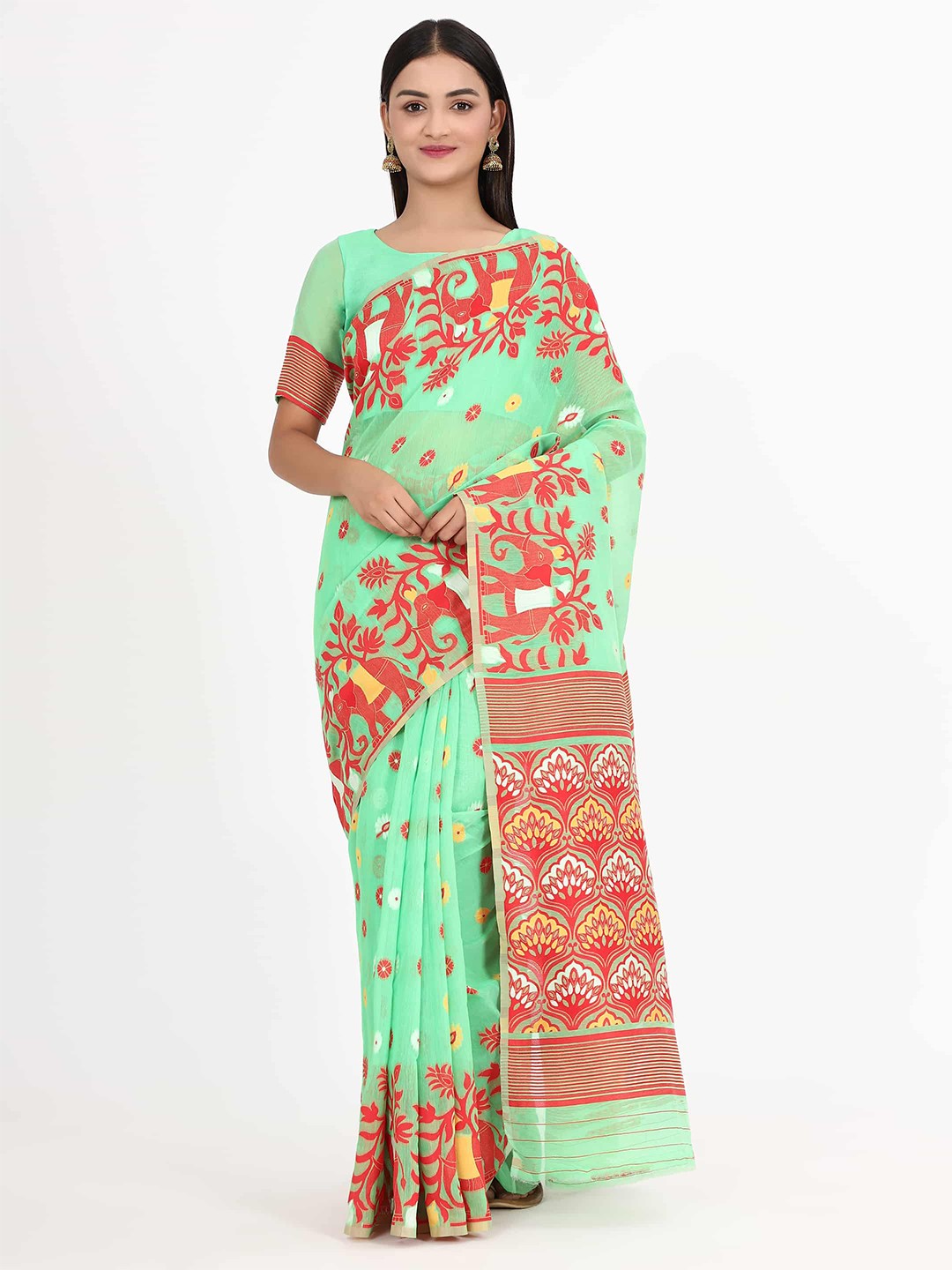 

Silk Land Teal & Red Ethnic Motifs Jamdani Saree