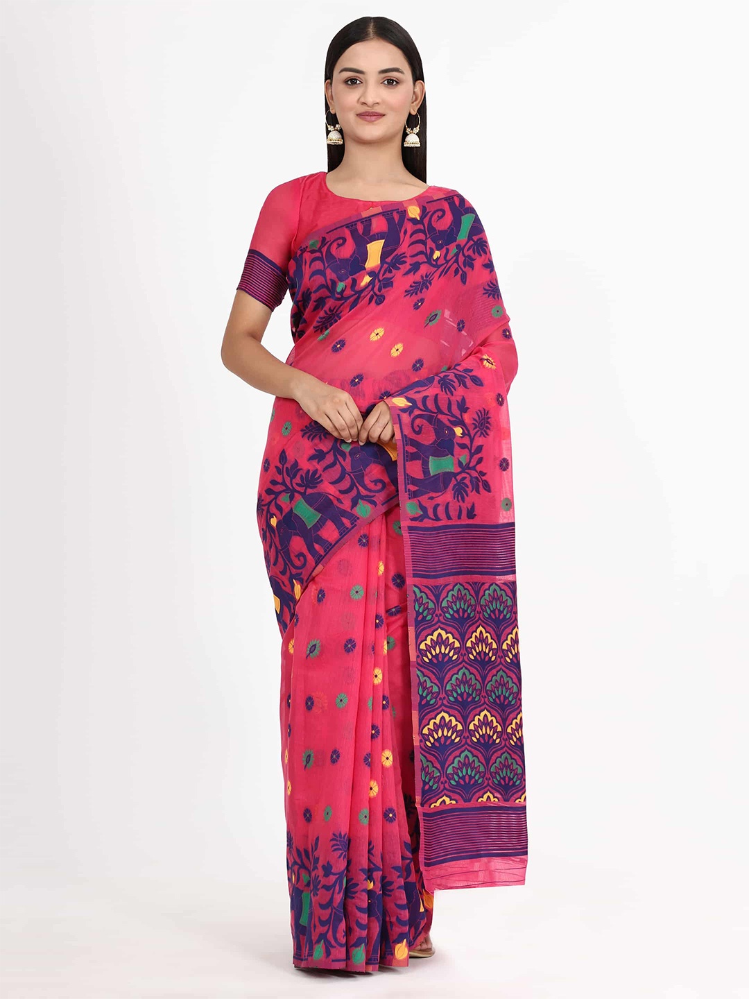 

Silk Land Pink & Navy Blue Ethnic Motifs Jamdani Saree