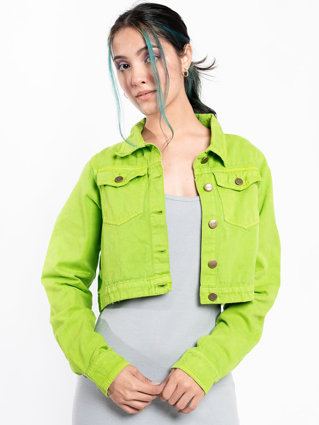 

FREAKINS Women Green Crop Pure Cotton Denim Jacket