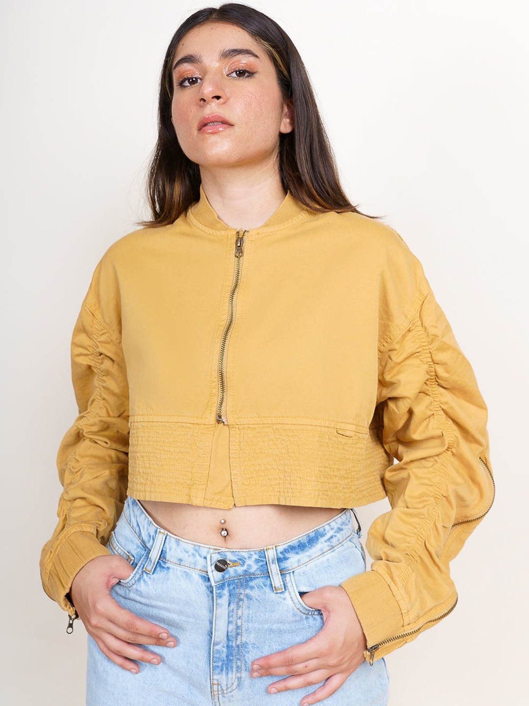 

FREAKINS Women Brown Pure Cotton Crop Tailored Jacket