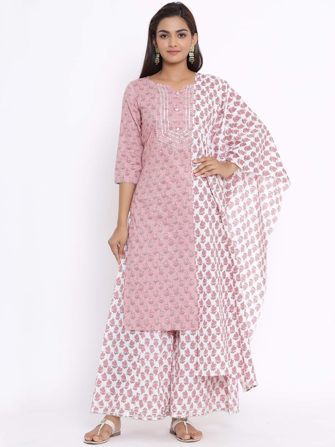 

MIRAVAN Women Pink Floral Printed Gotta Patti Pure Cotton Kurti with Palazzos & With Dupatta