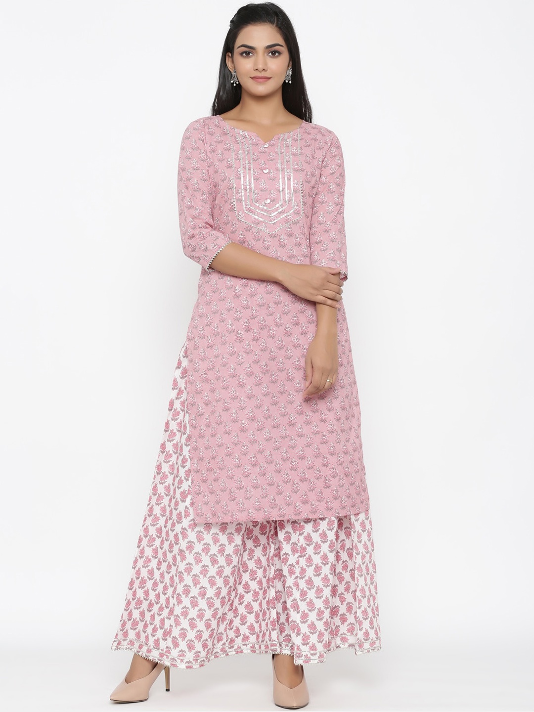 

MIRAVAN Women Pink Floral Printed Gotta Patti Pure Cotton Kurta with Palazzos