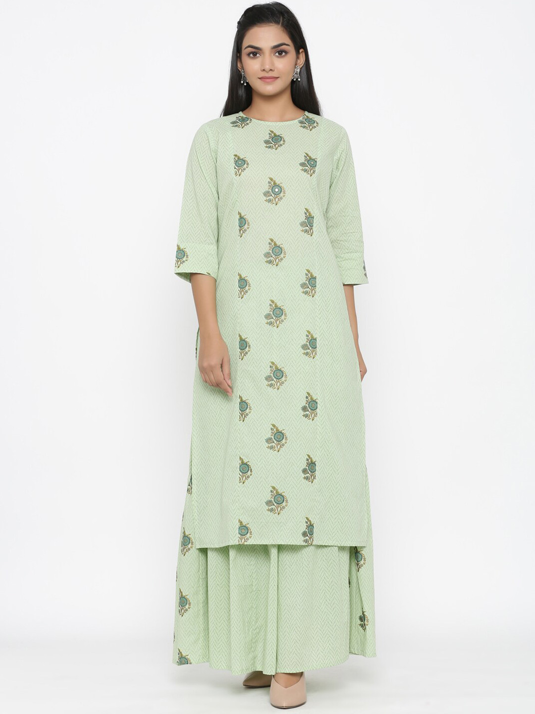 

MIRAVAN Women Green Ethnic Motifs Printed Panelled Sequinned Pure Cotton Kurta with Skirt