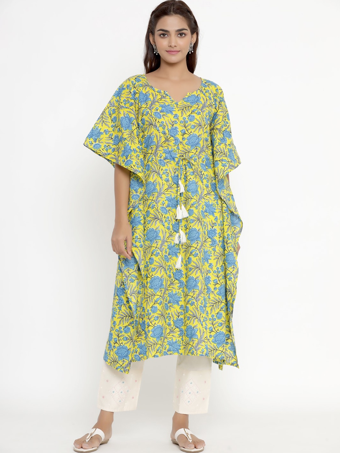 

MIRAVAN Women Yellow Floral Printed Flared Sleeves Pure Cotton Kaftan Kurta