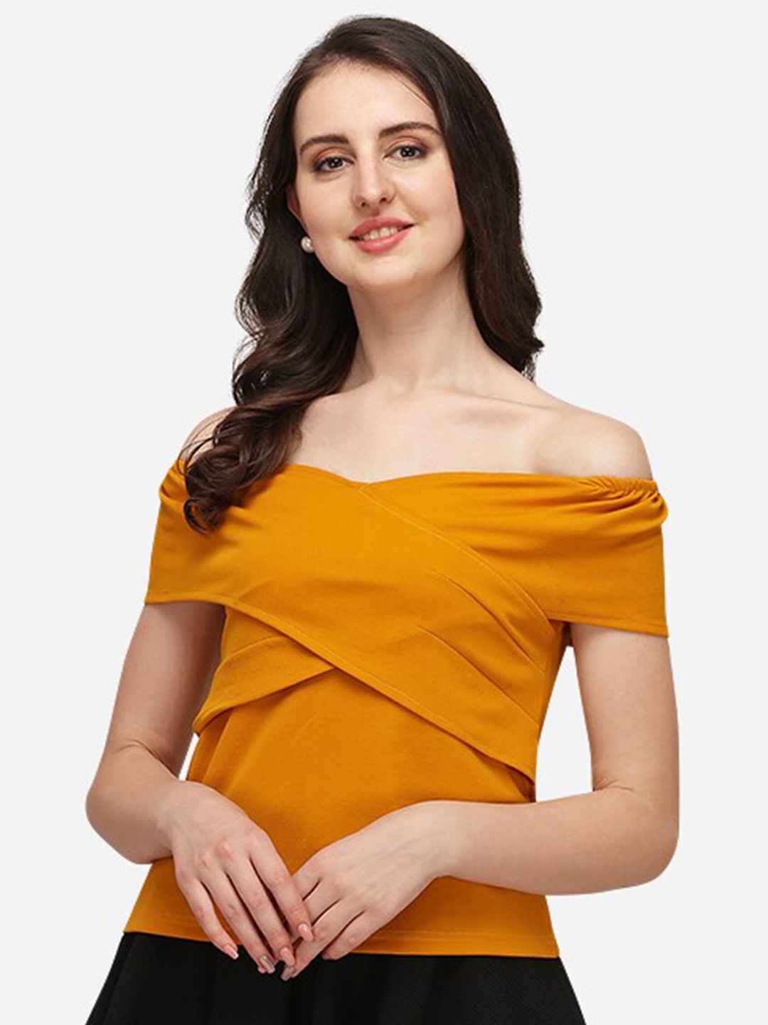 

Amrutam Fab Mustard Yellow Off-Shoulder Twisted Crepe Bardot Crop Top