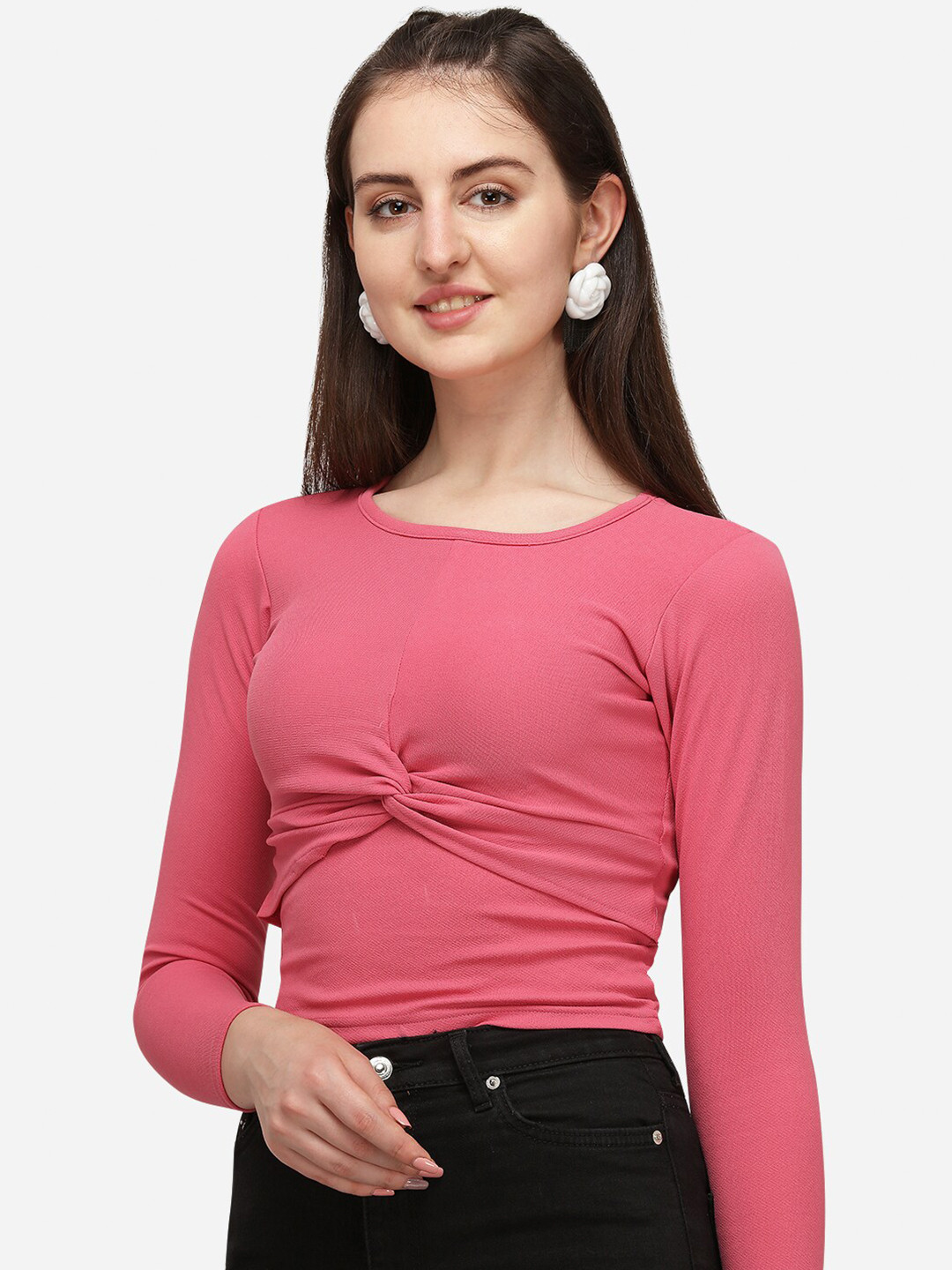 

Amrutam Fab Women Pink Twisted Crepe Crop Top