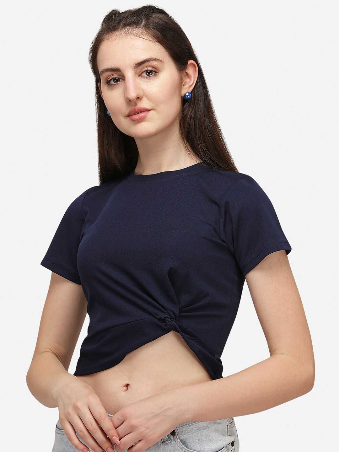 

Amrutam Fab Women Navy Blue Twisted Crepe Crop Top