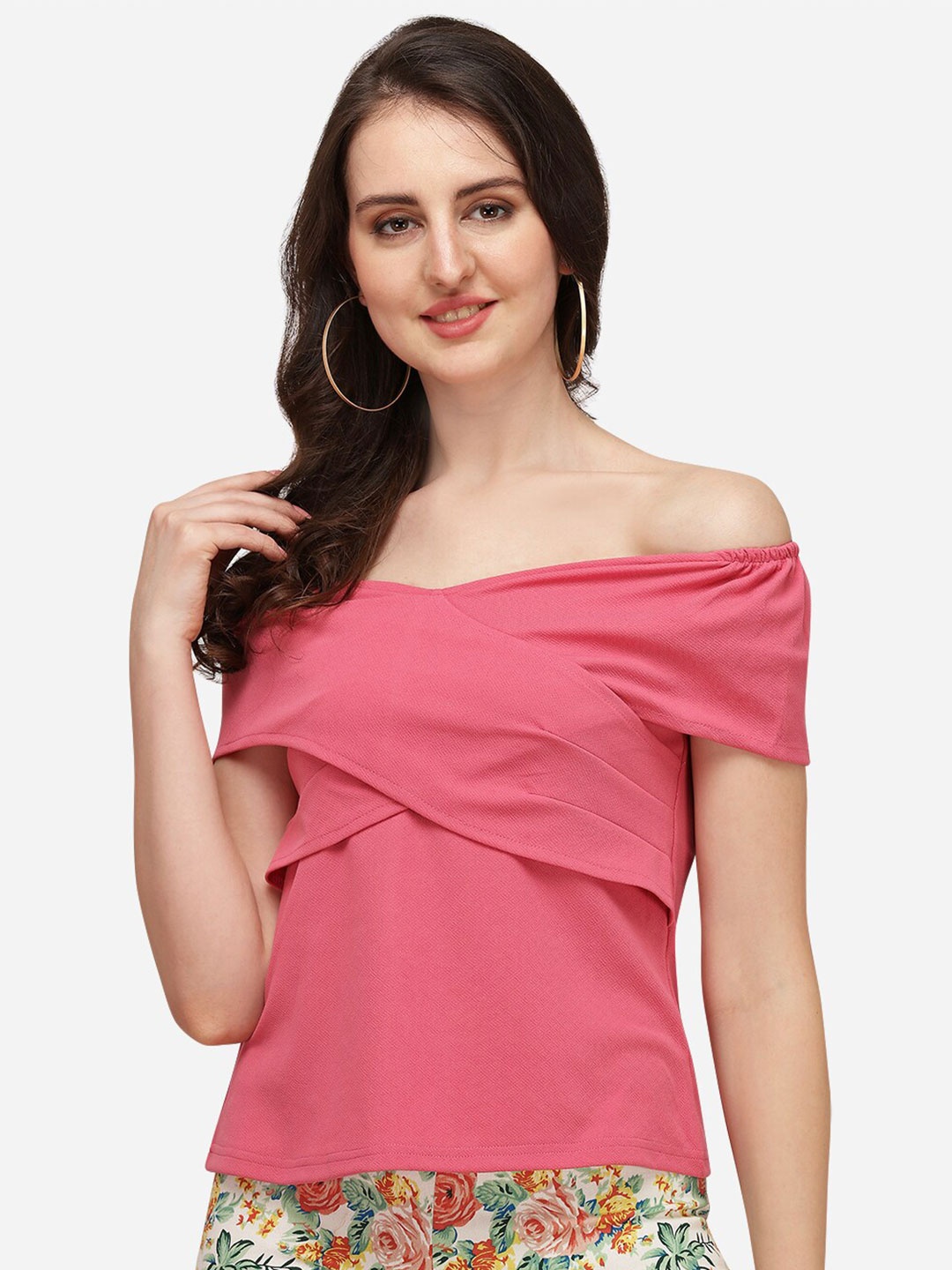 

Amrutam Fab Pink Off-Shoulder Twisted Crepe Bardot Top