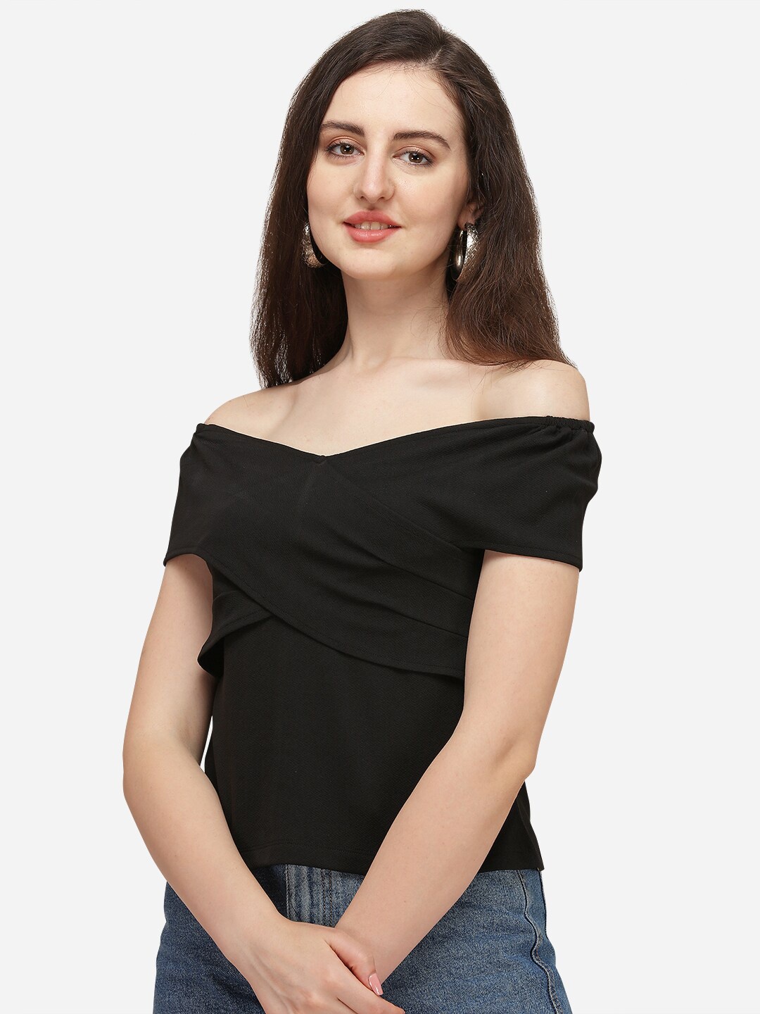 

Amrutam Fab Black Off-Shoulder Twisted Crepe Bardot Top
