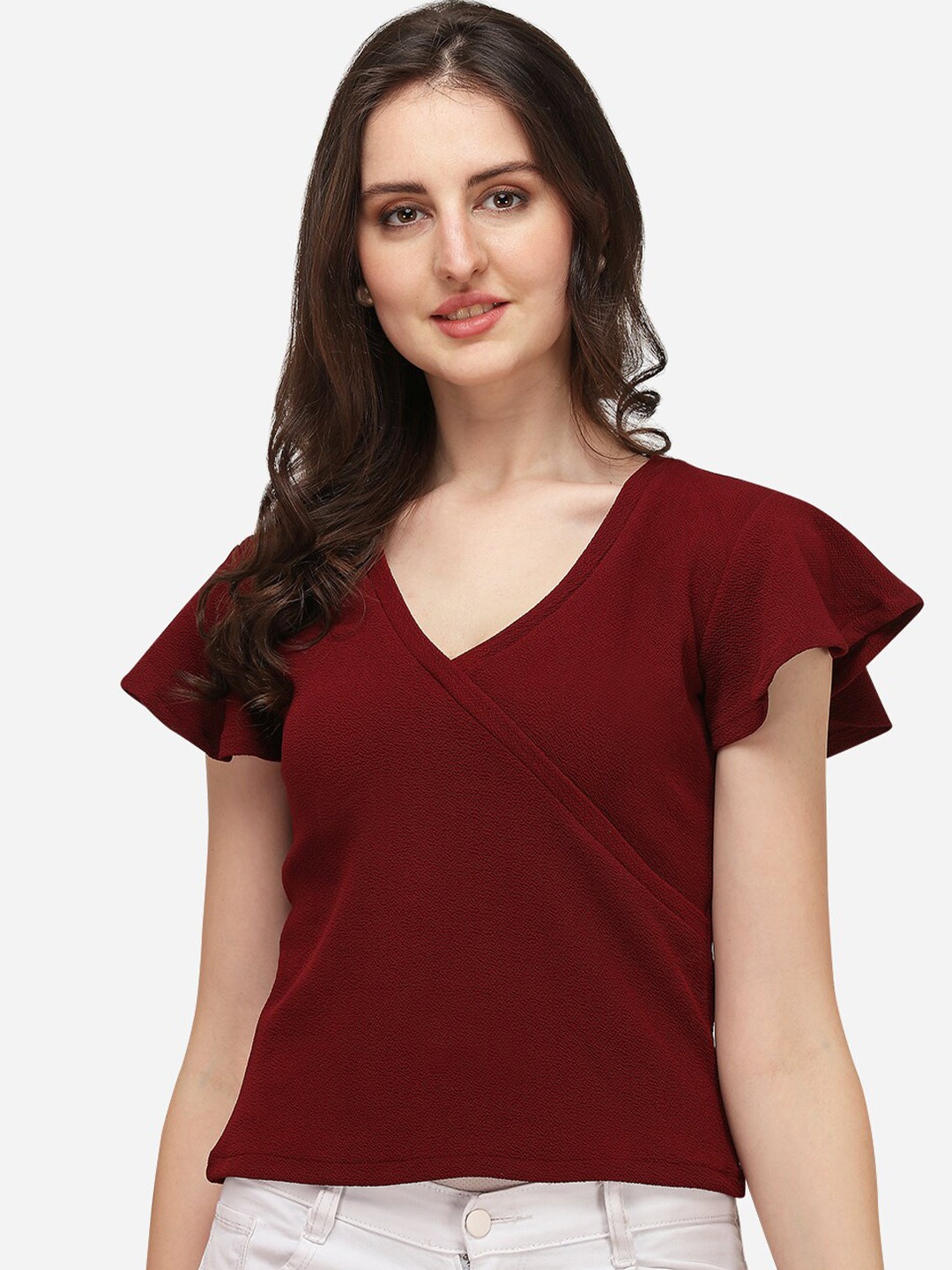 

Amrutam Fab Women Maroon Crepe Wrap Top