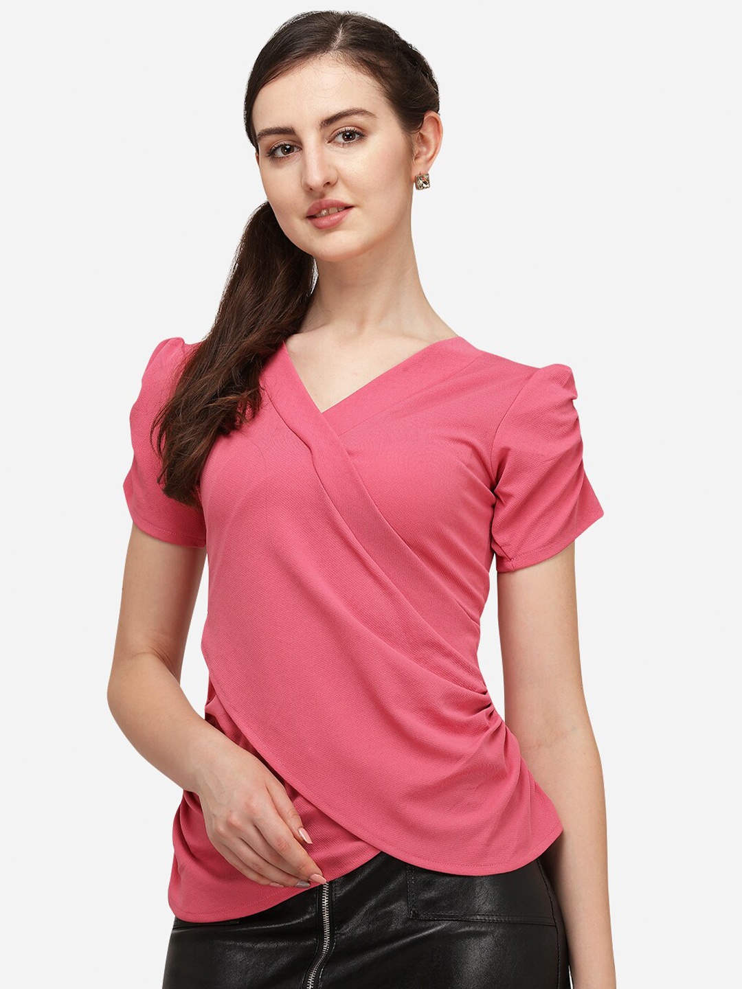 

Amrutam Fab Pink Twisted Crepe Wrap Top