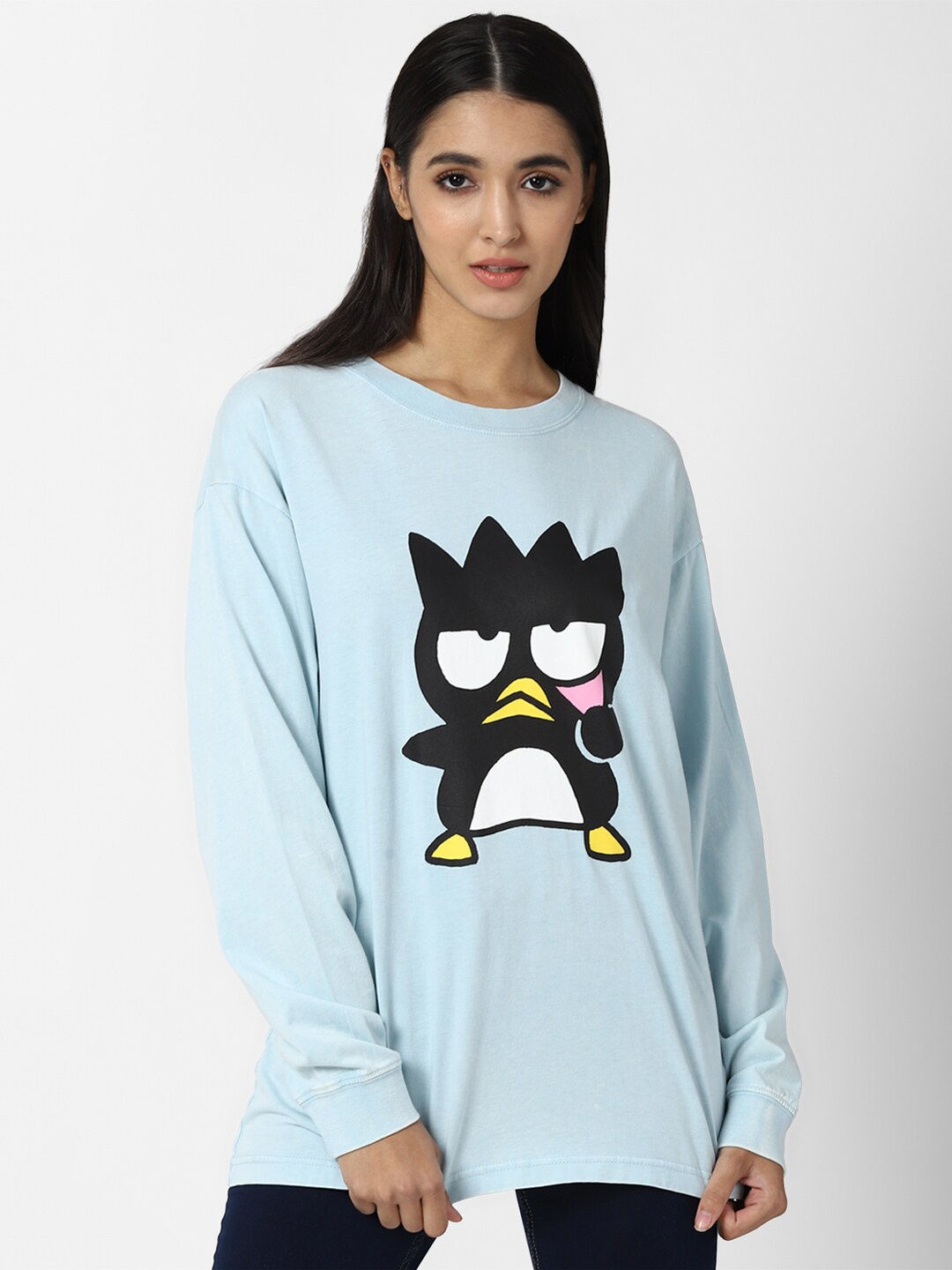 

FOREVER 21 Women Blue Printed Drop-Shoulder Sleeves Cotton T-shirt