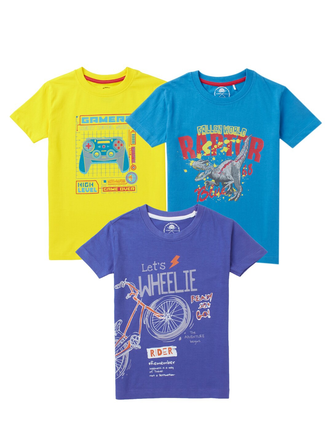 

Cub McPaws Boys Yellow & Blue Printed T-shirt Pack of 3