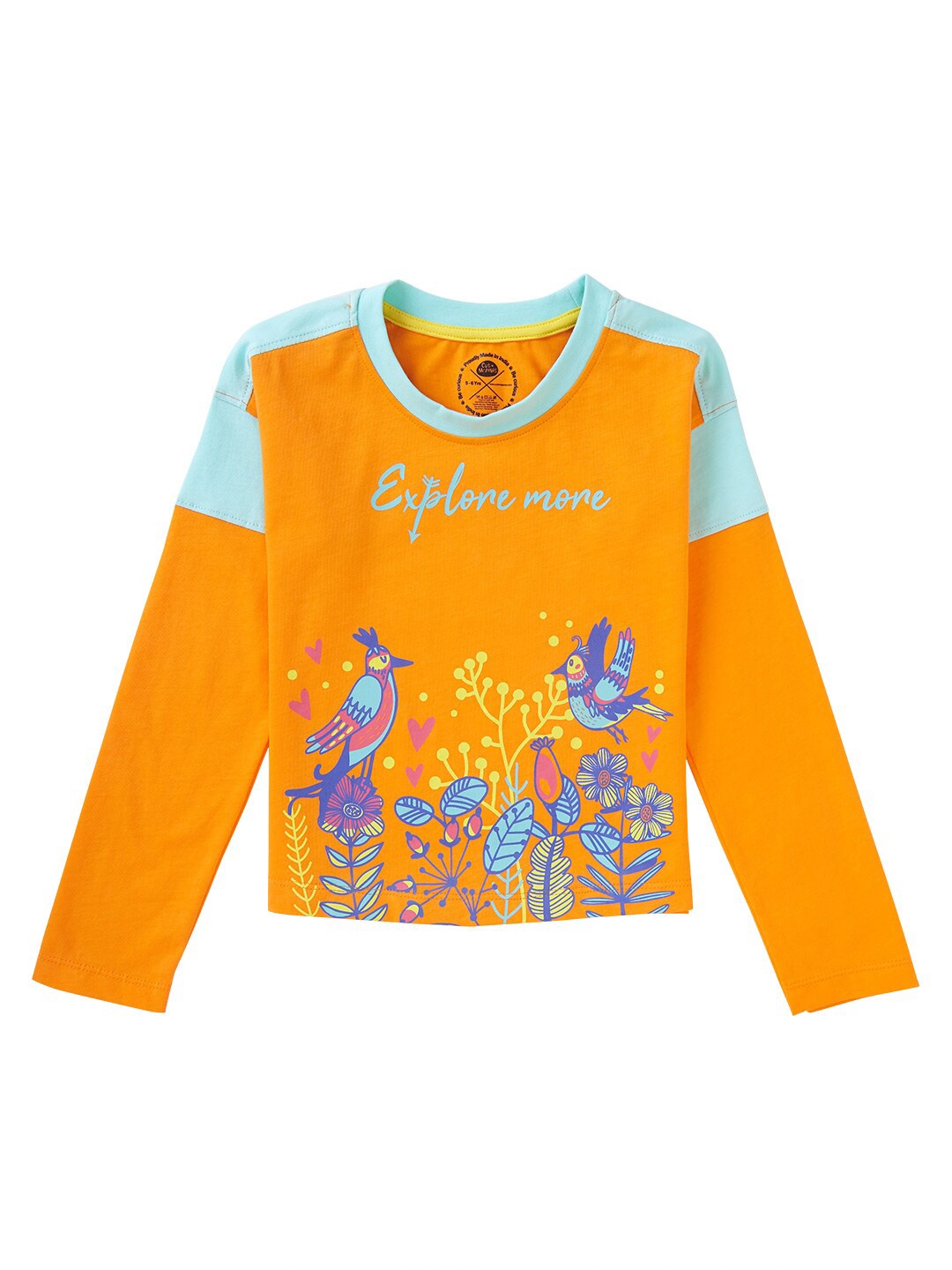 Cub McPaws Girls Orange & Blue Printed Cotton T-shirt
