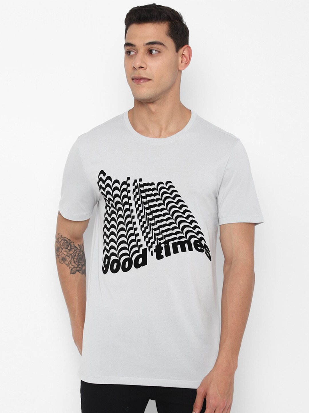 

FOREVER 21 Men Grey Typography Printed Pure Cotton T-shirt
