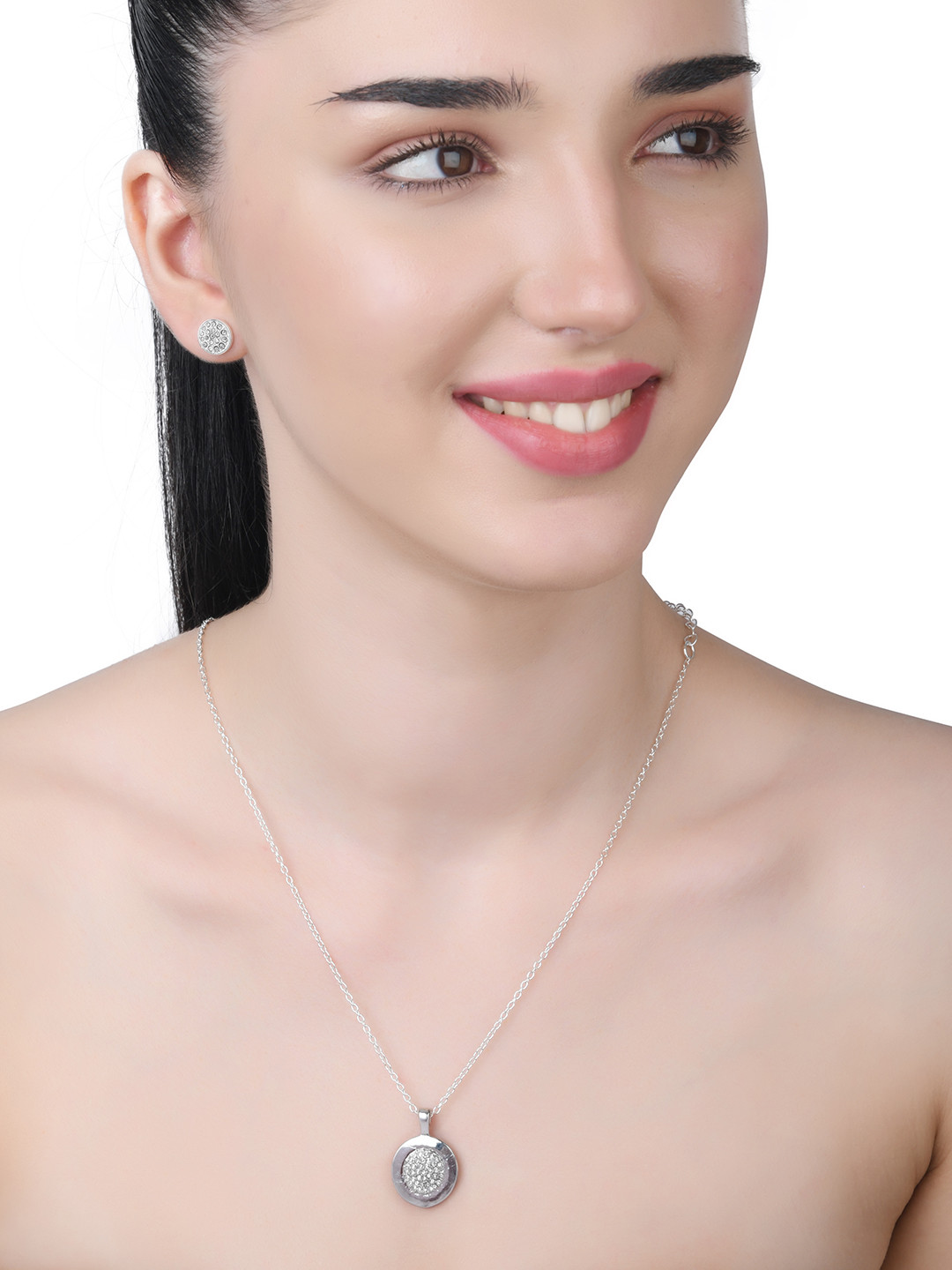 

Lilly & sparkle Silver-Plated White Stone Studded Jewellery Set