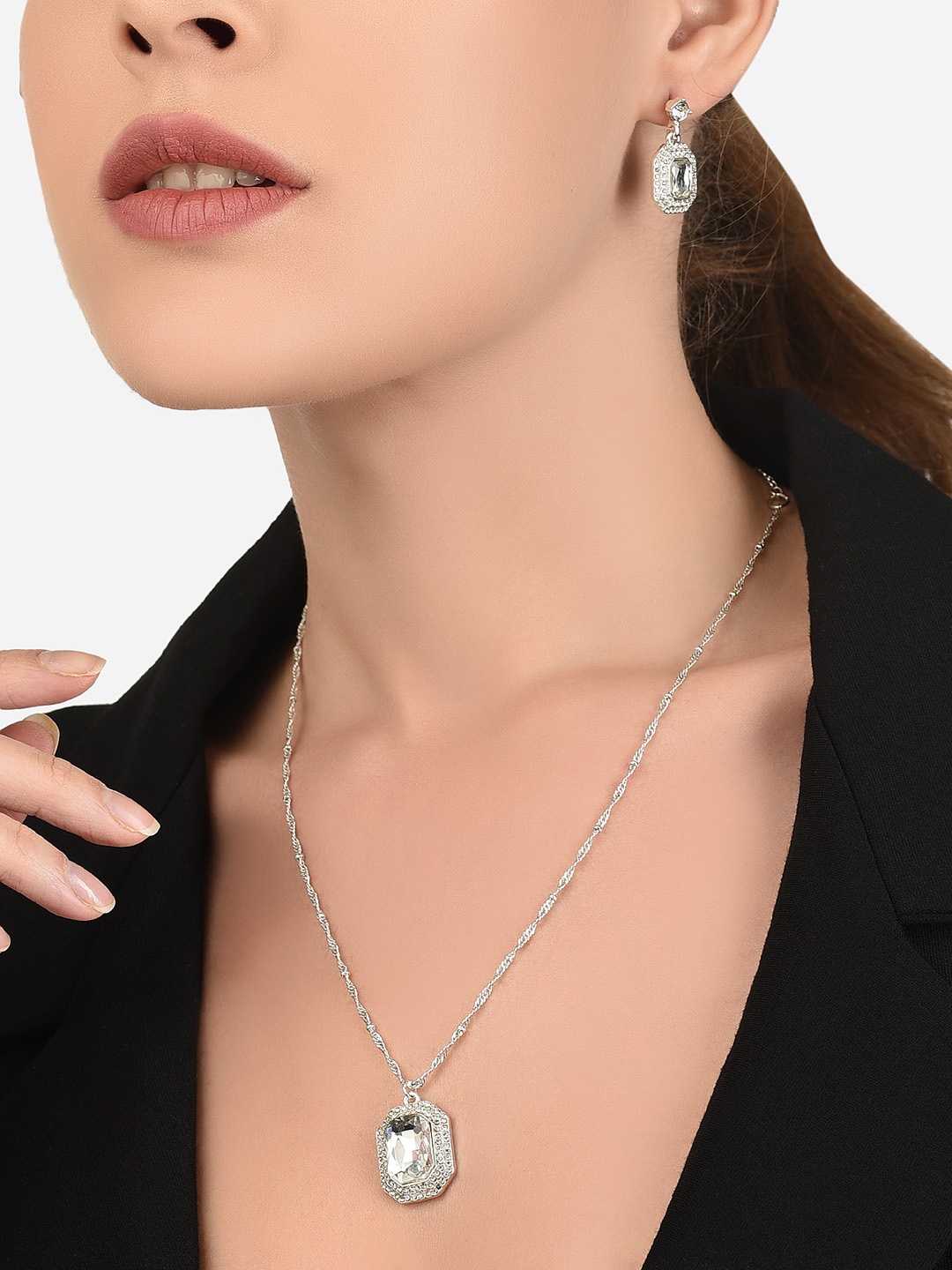 

Lilly & sparkle Silver-Plated White Crystal-Studded Jewellery Set