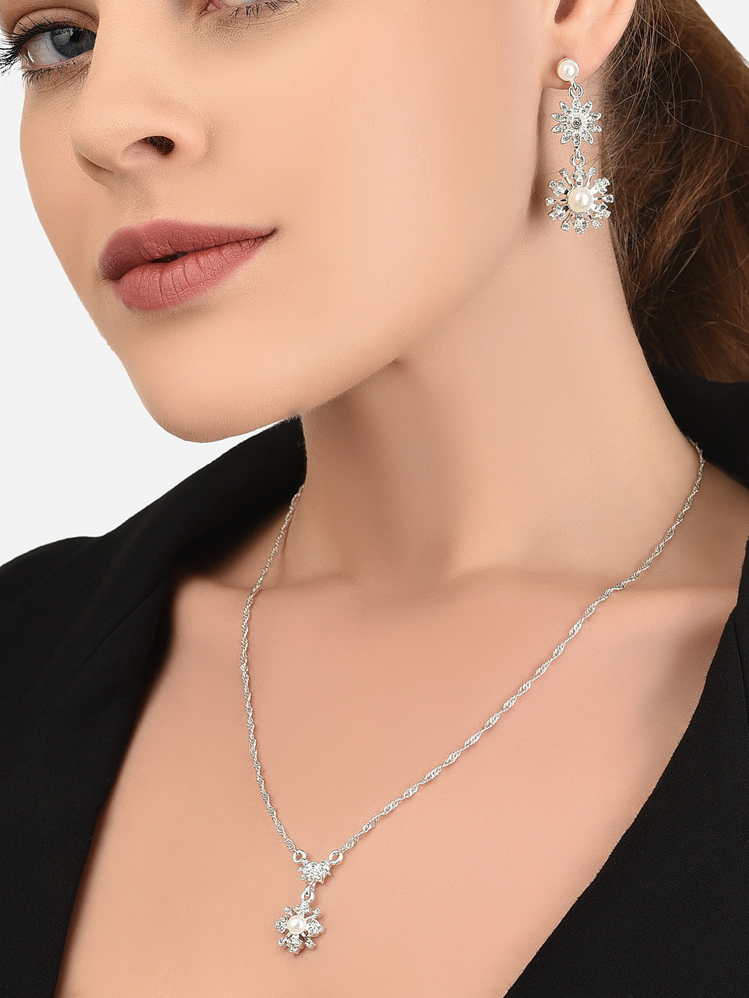 

Lilly & sparkle Silver-Plated White Crystal Studded Jewellery Set