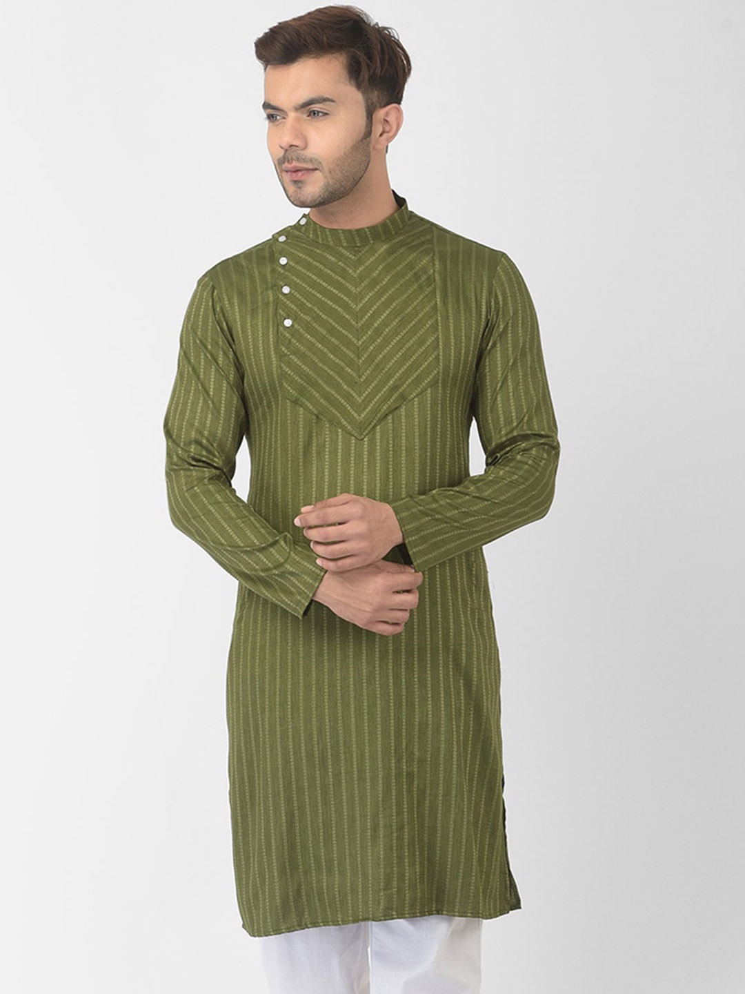 

DEYANN Men Green Striped Cotton Kurta