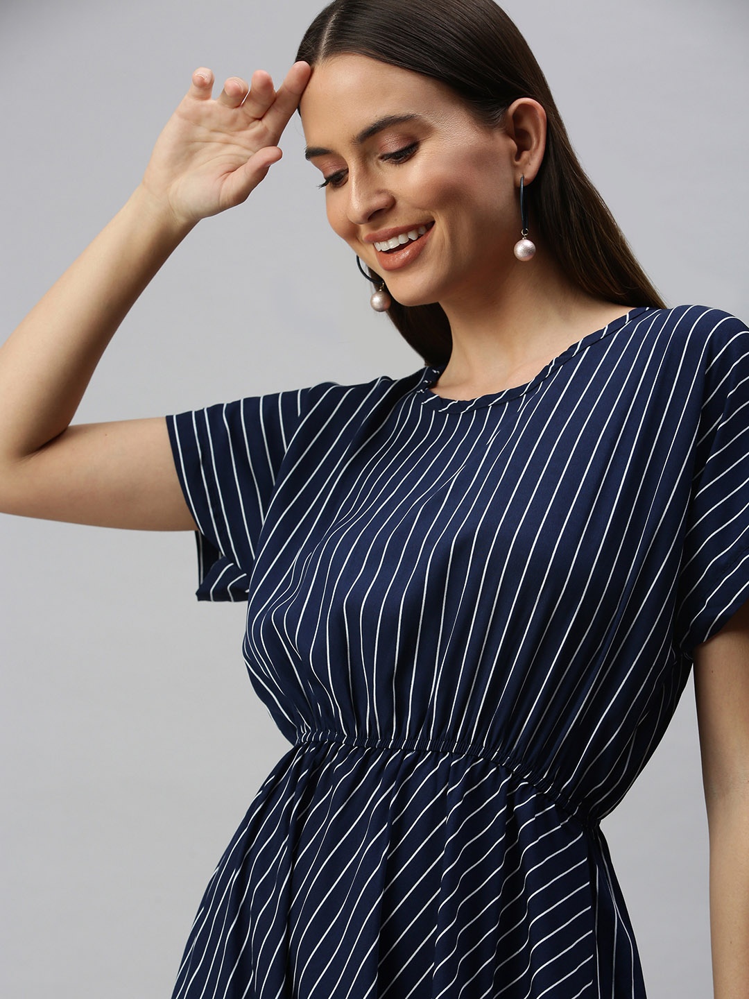 

SHOWOFF Navy Blue Striped Crepe Blouson Dress