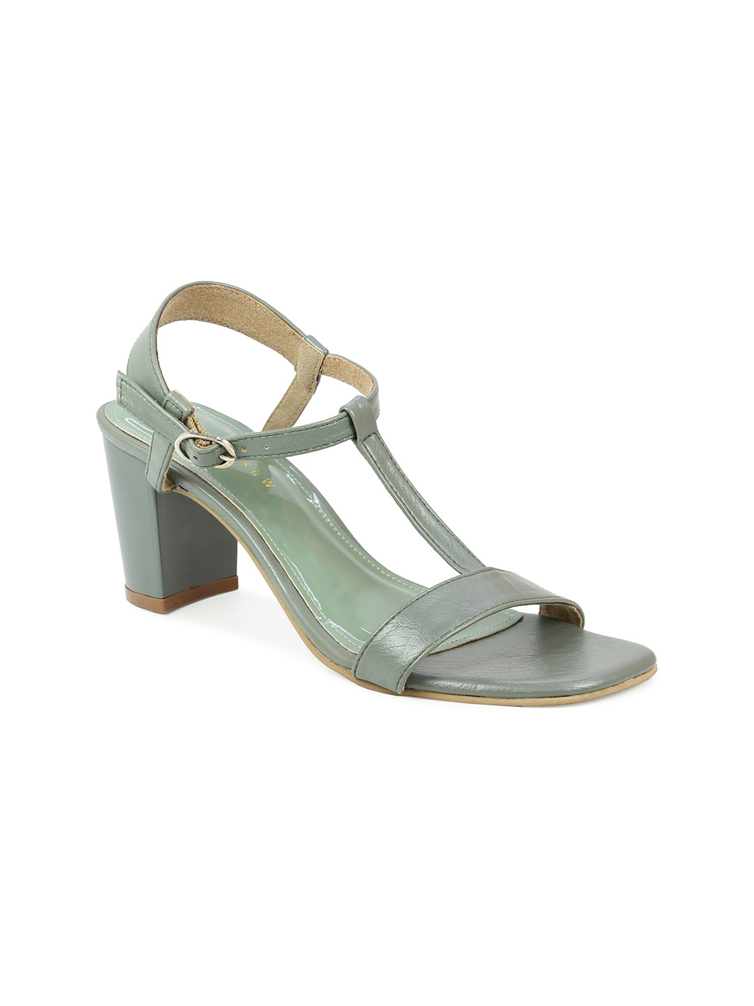 

DESIGN CREW Green Textured Block Sandals with Buckles