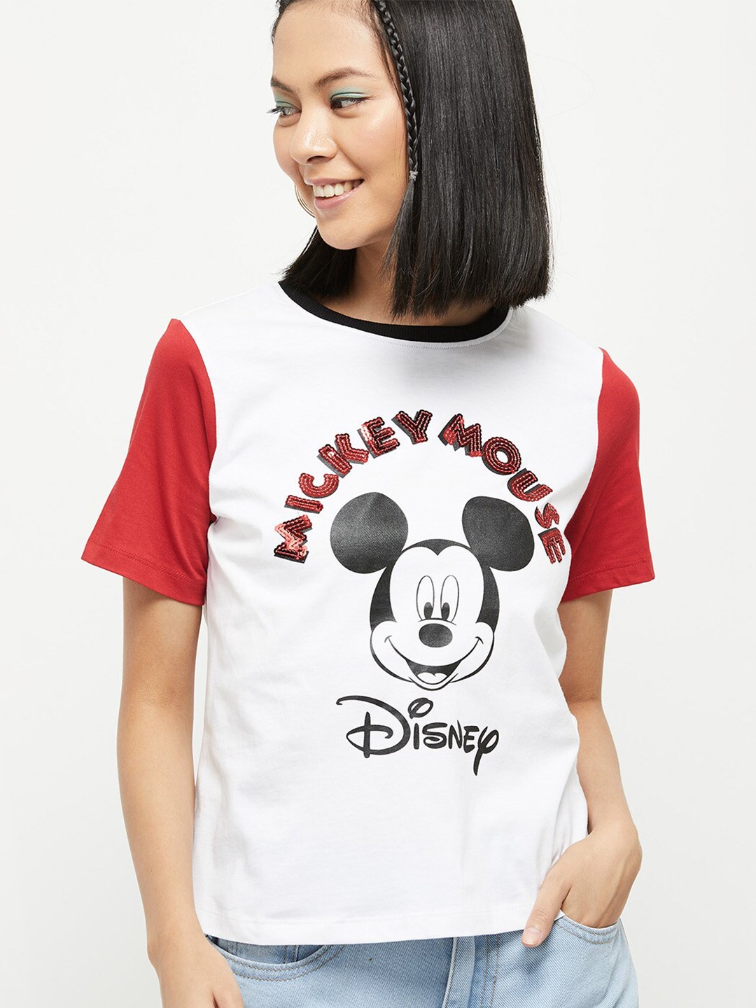 

max Women White & Red Printed Pure Cotton T-shirt