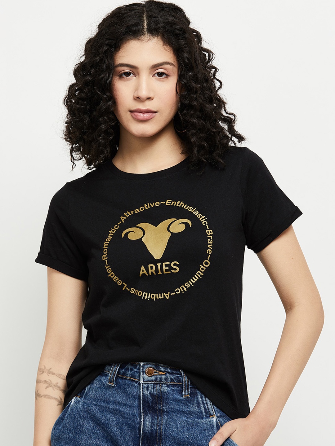 

max Women Black Graphic Printed Pure Cotton T-shirt
