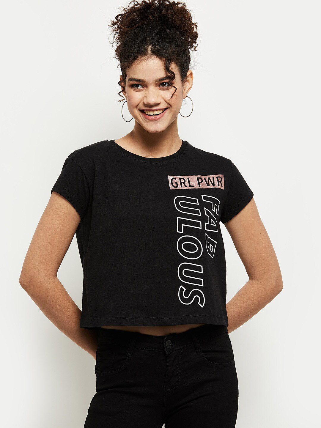 

max Women Black Typography Printed Pure Cotton T-shirt
