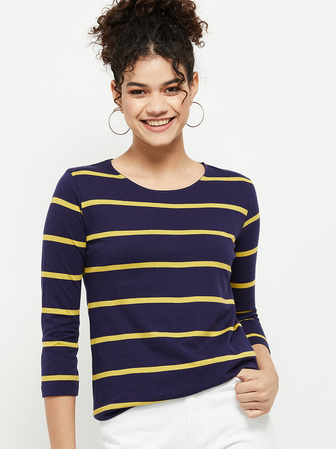 

max Women Navy Blue & Yellow Striped Pure Cotton T-shirt