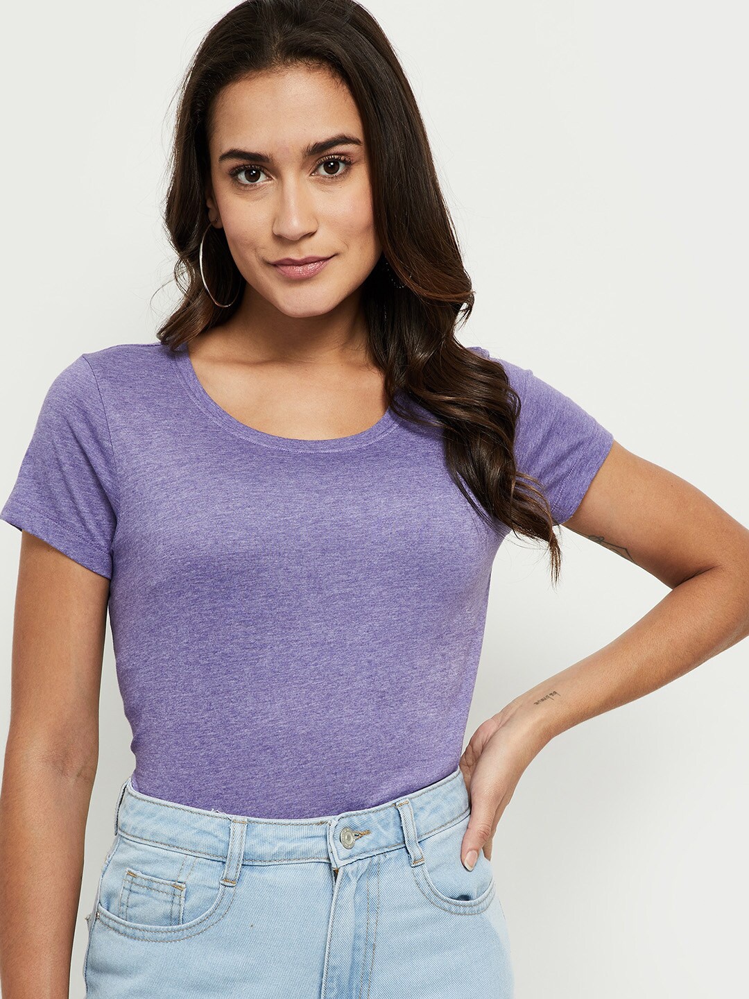 

max Women Purple Solid Regular Fit Crop T-shirt