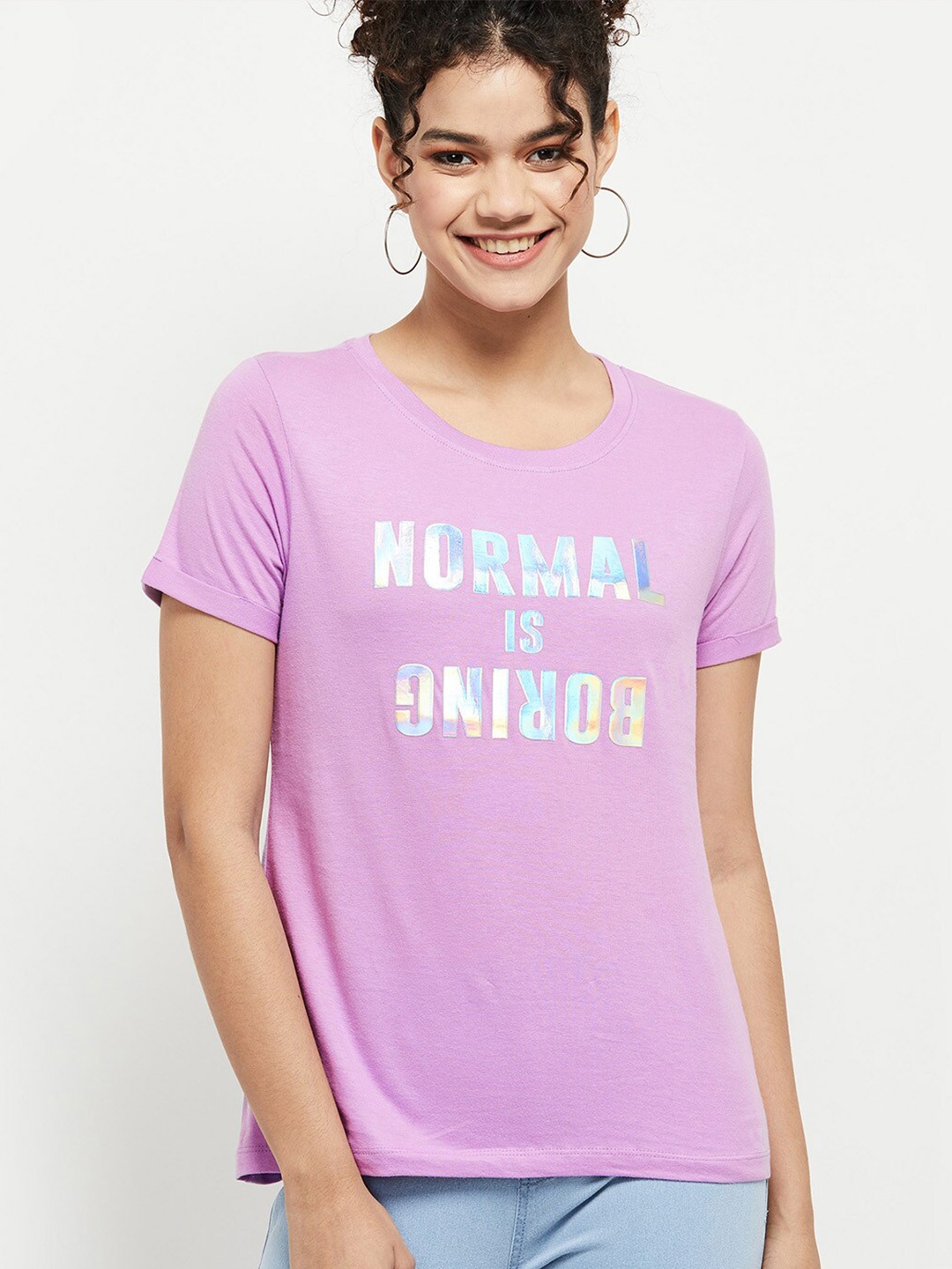 

max Women Purple Typography Printed Pure Cotton T-shirt