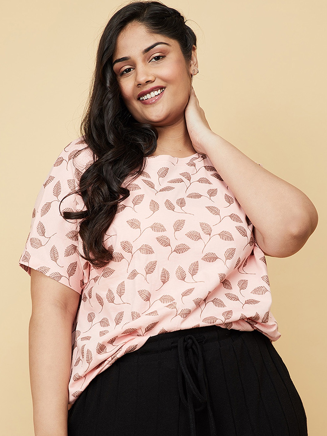 

max Women Plus Size Peach-Coloured Floral Printed Pure Cotton T-shirt
